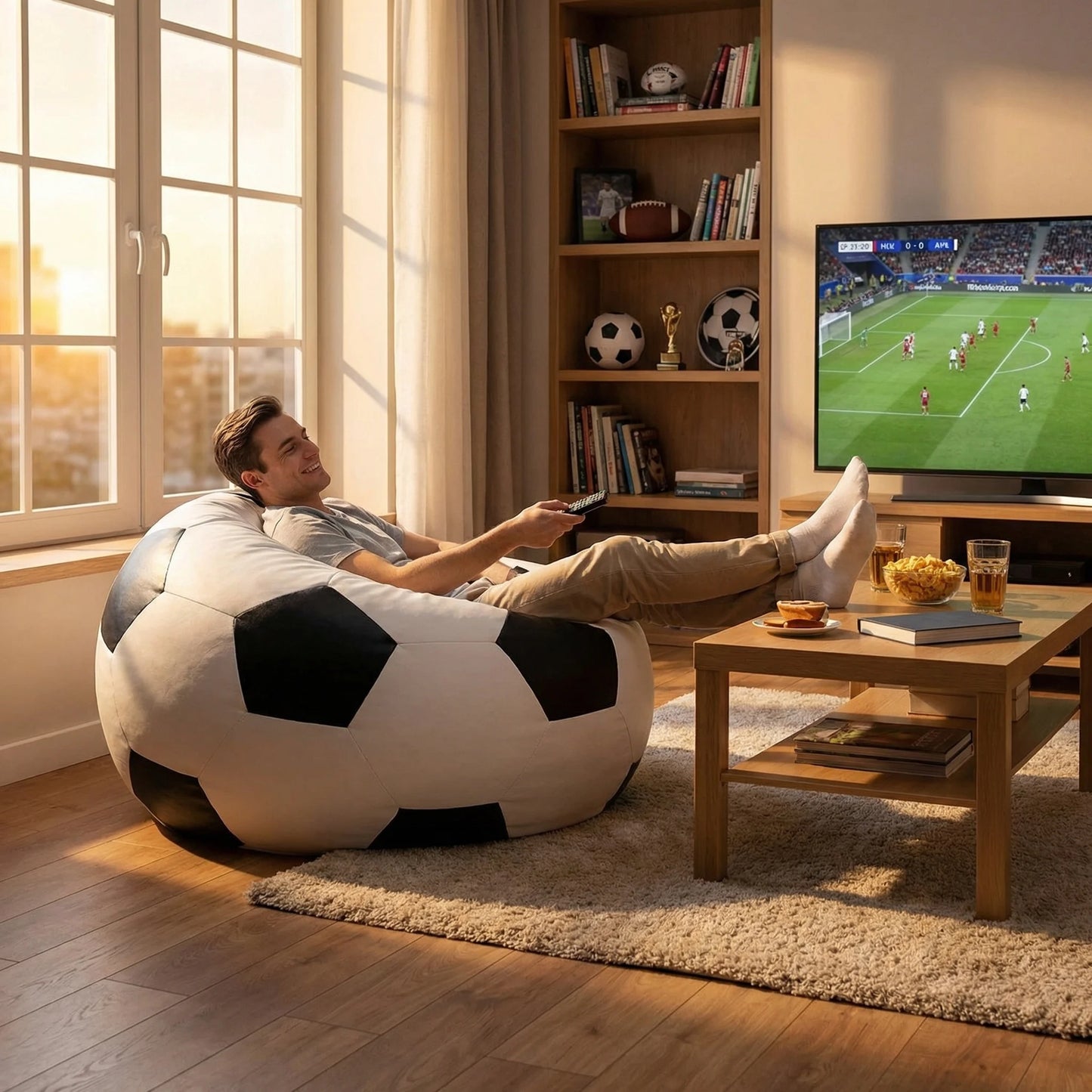 Liegestuhl – Sitzsack – Öko-Leder – Fußball – schwarz/weiß